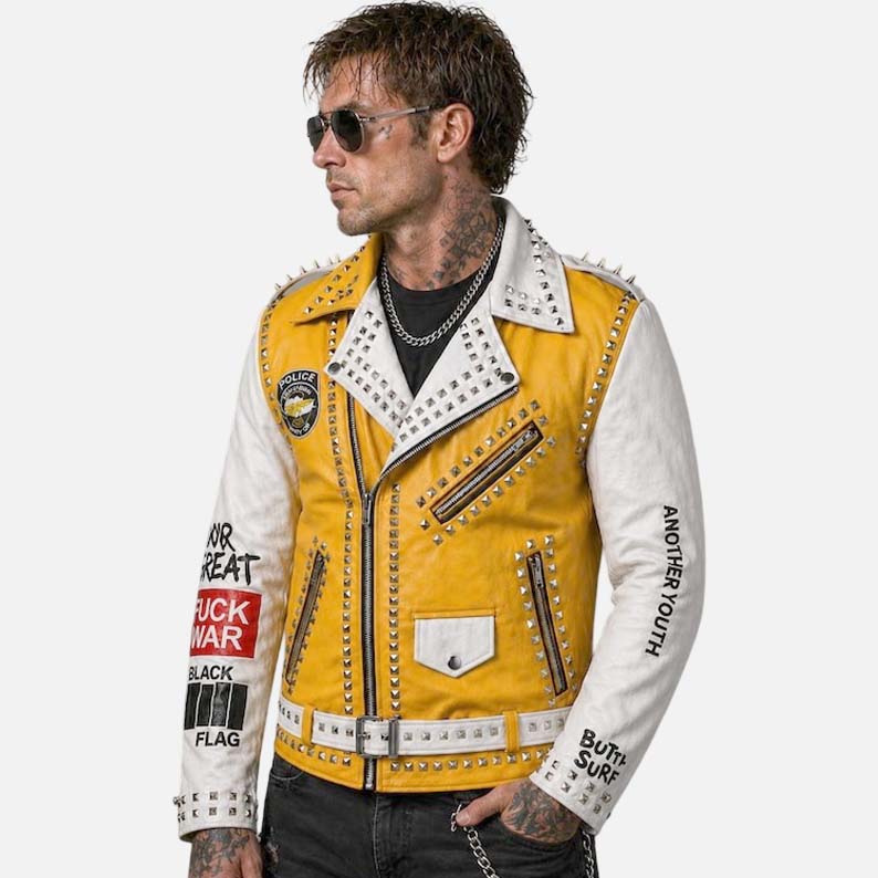 Affordable yellow punk leather jacket to buy for men with bold biker style by Glory Store US