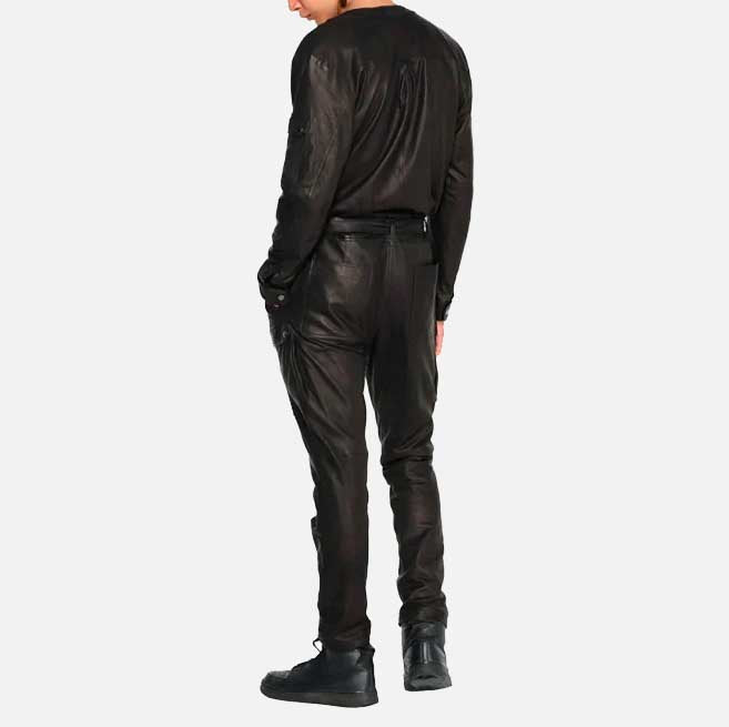 Premium black lambskin cargo jumpsuit by Glory Store US with semi aniline finish