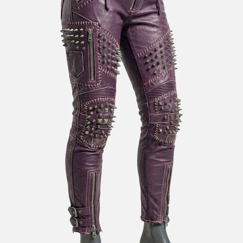Premium purple studded leather pants for women crafted from genuine leather with durable stitching