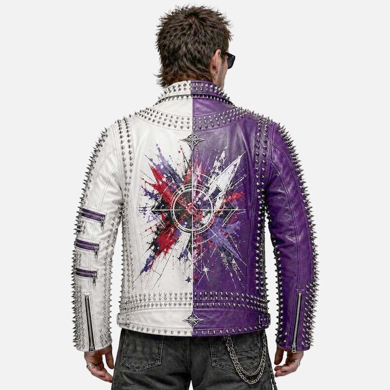 Premium purple white leather moto jacket for men with punk inspired silver stud details by Glory Store US