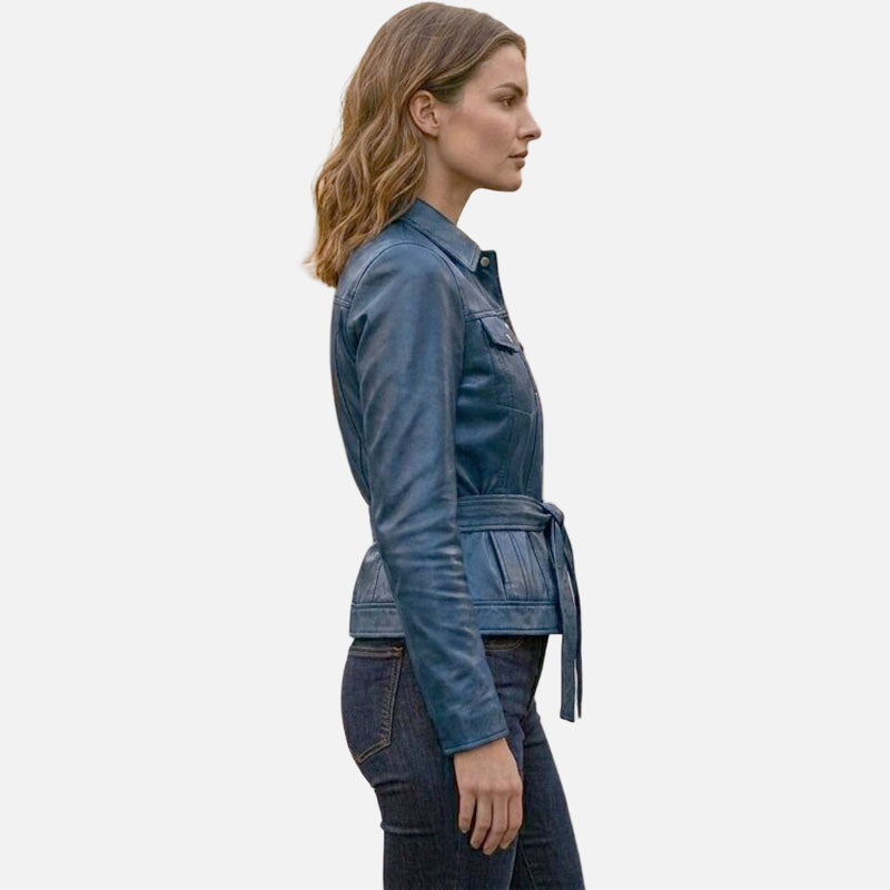 Premium women blue leather coat with soft inner lining and tailored fit
