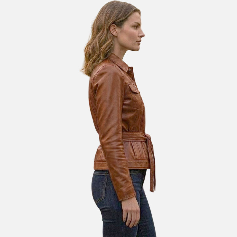 Premium women brown leather coat with soft inner lining and tailored fit