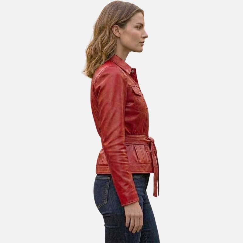 Premium women red leather coat with soft inner lining and tailored fit