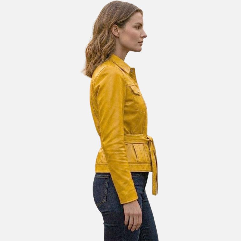 Premium women yellow leather coat with soft inner lining and tailored fit