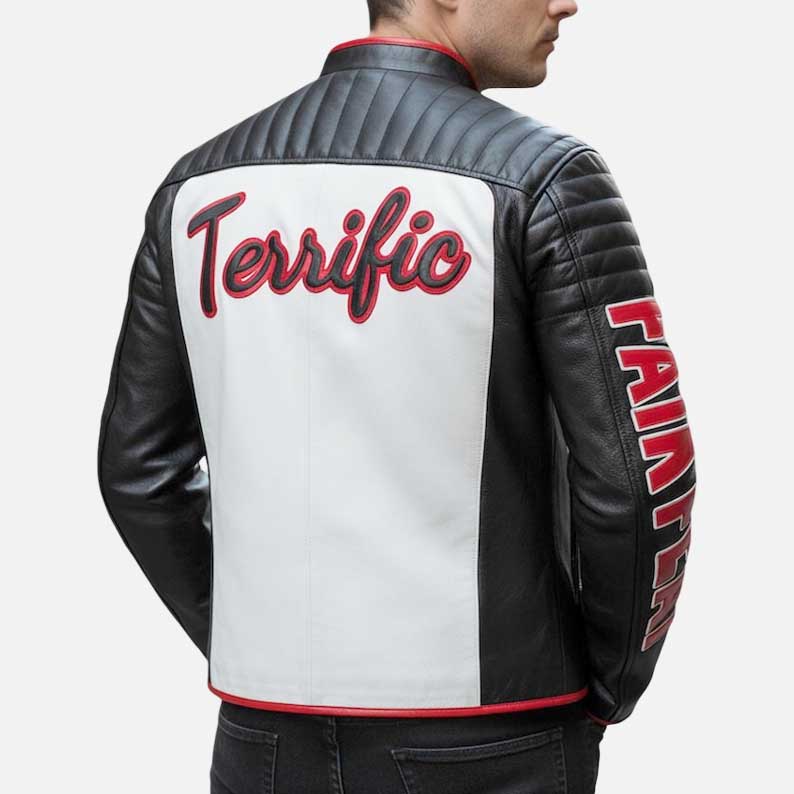 Stylish black white racing leather jacket by Glory Store US with quilted shoulders