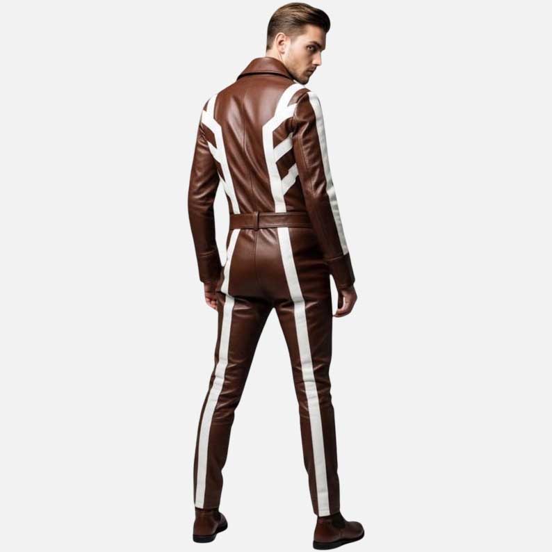 Stylish custom brown leather jumpsuit with belted waist and wide collar by Glory Store US