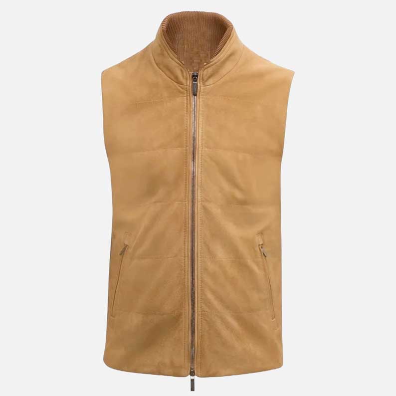 Stylish men tan suede leather vest with smooth satin lining