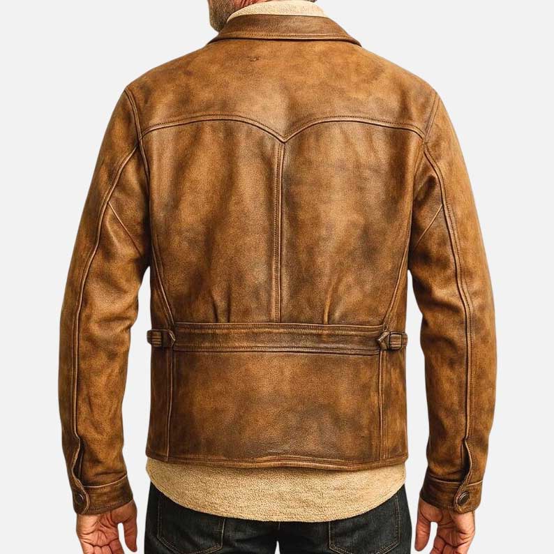 Stylish premium vintage tan waxed leather jacket with classic newsboy heritage design by Glory Store US