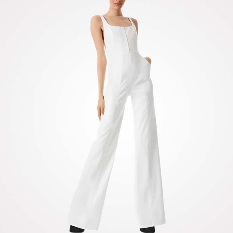 white leather sleeveless jumpsuit women