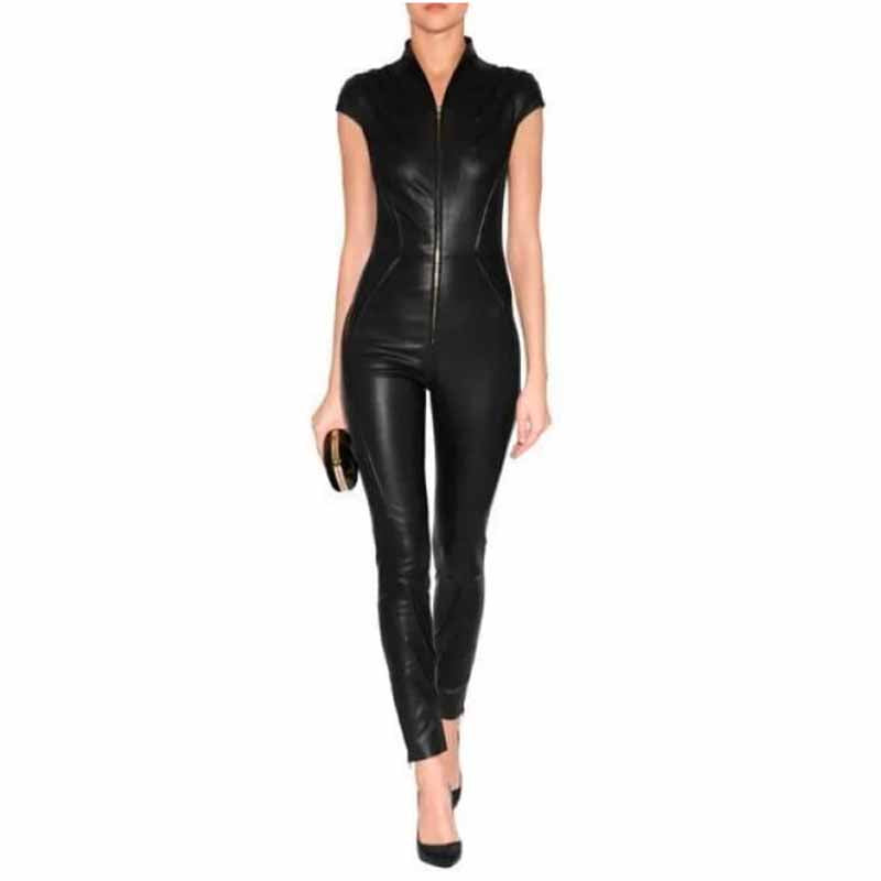 Women's Black Leather Bodycon Jumpsuit