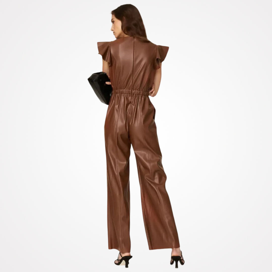 Women's Brown V-Neck Sheepskin Leather Jumpsuit