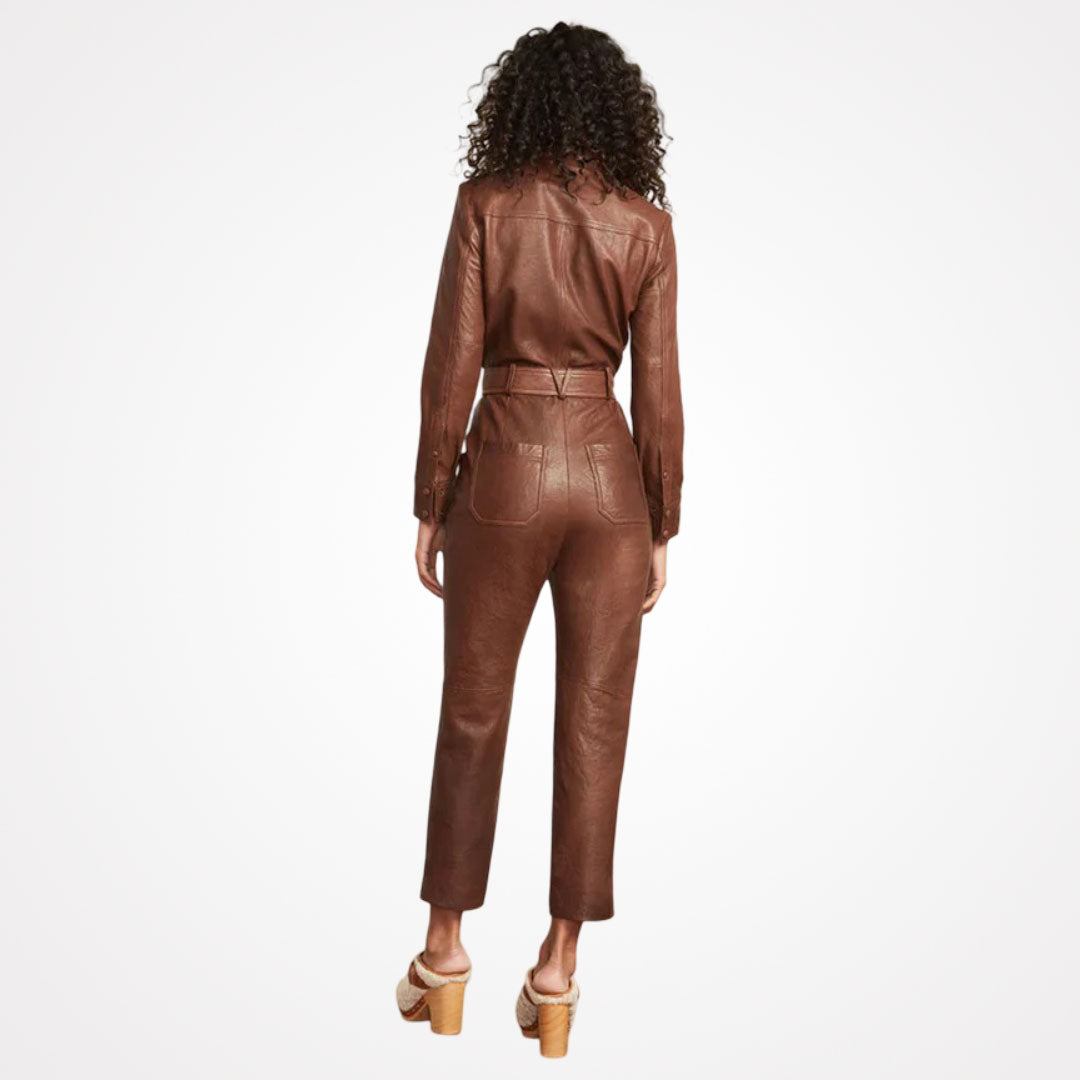 Women's Brown Utility Belted Leather Jumpsuit