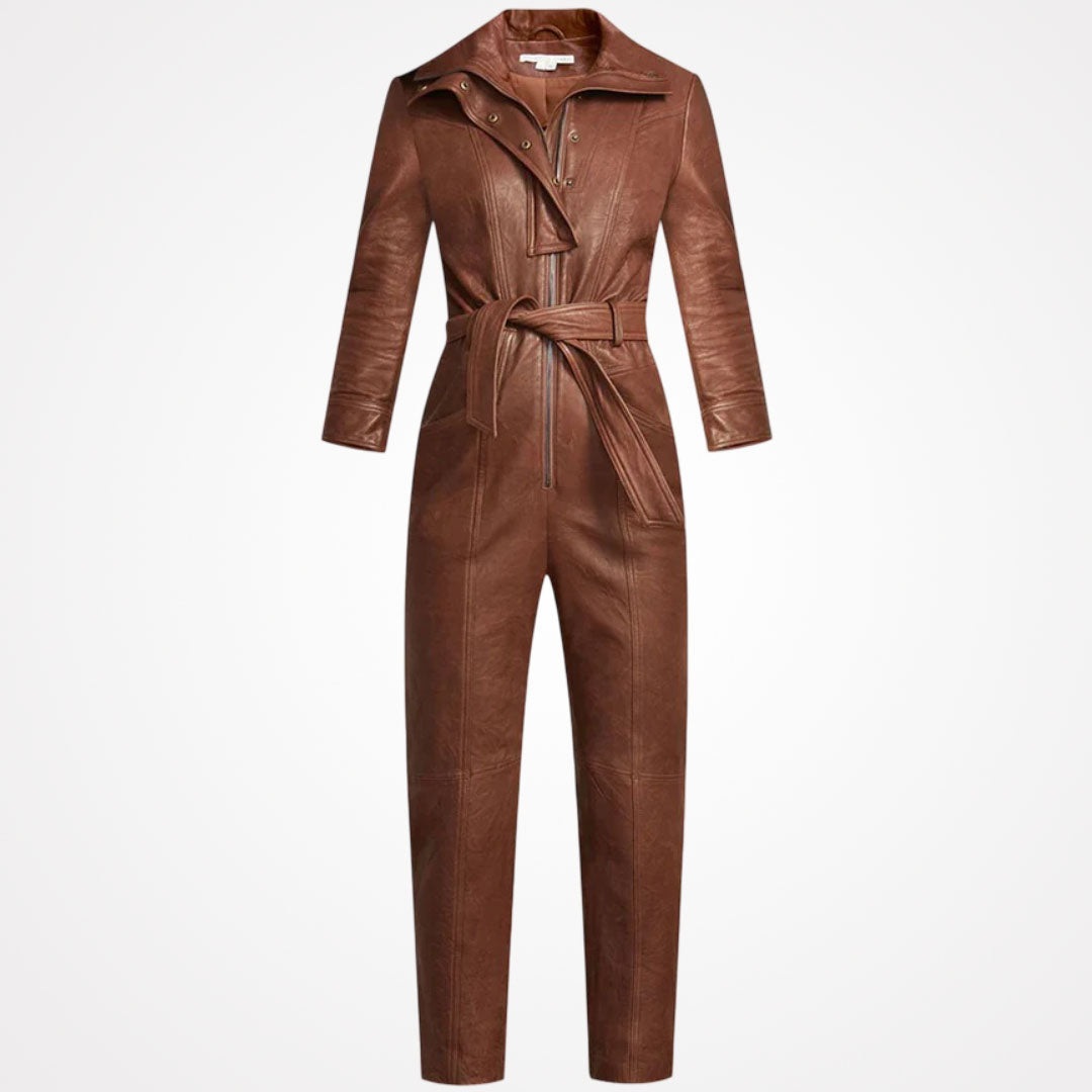 Women's Brown Utility Belted Leather Jumpsuit