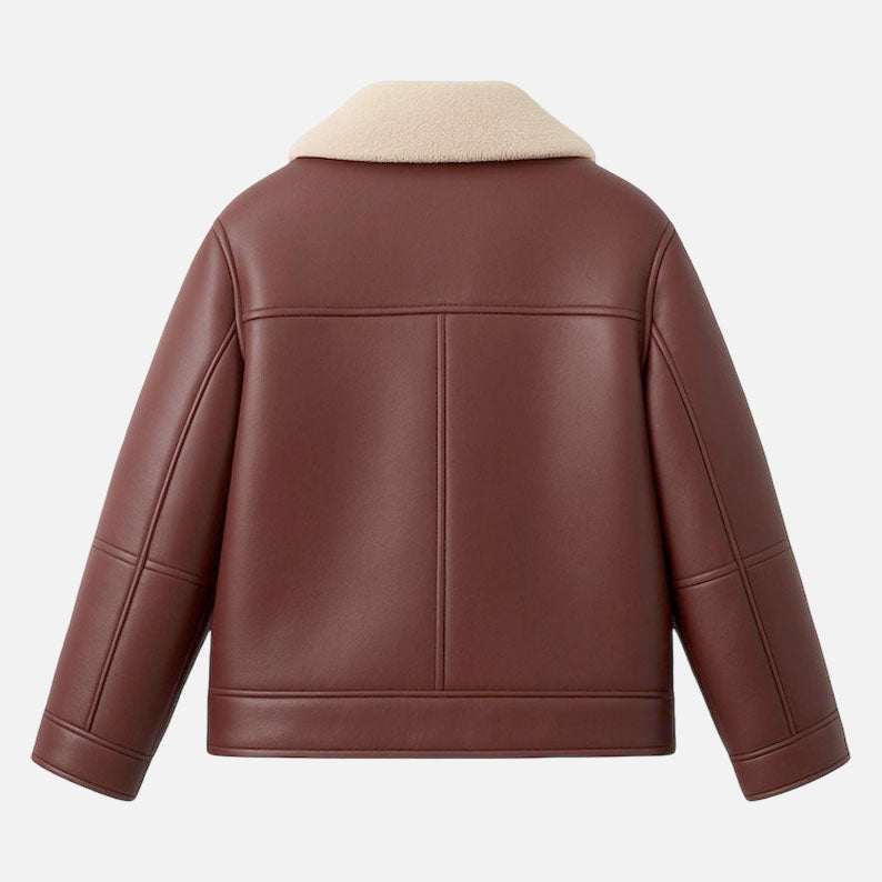 Stylish women’s burgundy leather coat with strong zipper and cargo pocket detailing