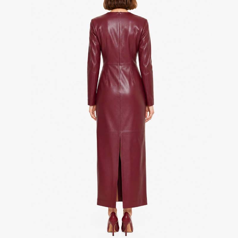 Women's Burgundy Lambskin Leather Maxi Dress With V Neck Elegant Design