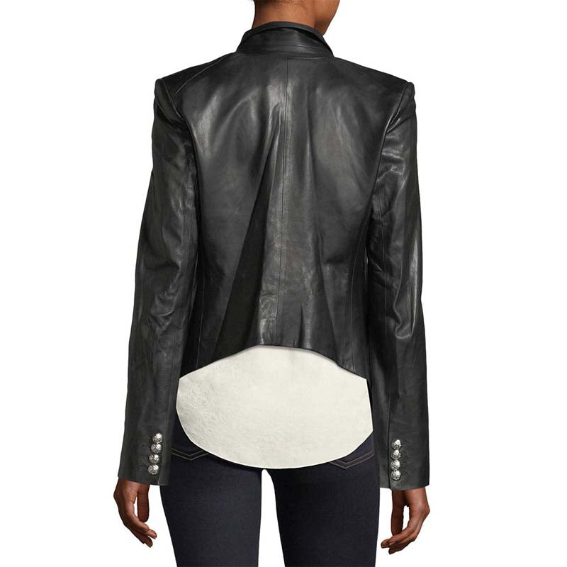 Women's Lambskin Leather Blazer with Single Button Double Breasted Look