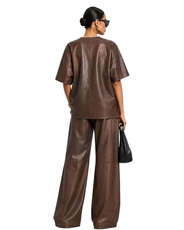 Women's Black Lambskin Leather Co Ord Set With Oversized Top and Wide Leg Pant