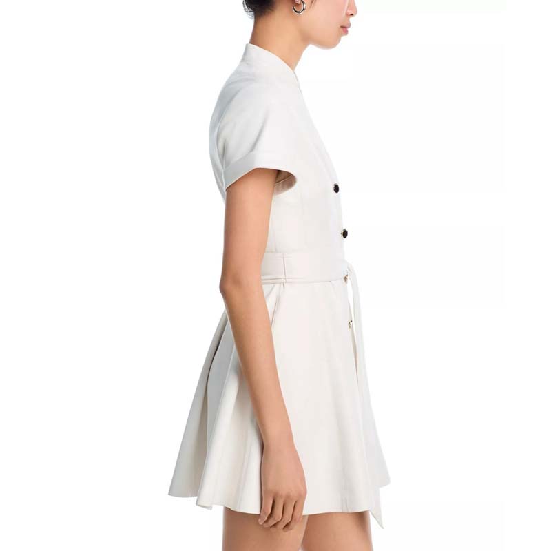 Women's Off White Lambskin Leather Mini Dress With Self Tie Belt