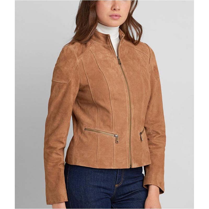 Women's Tan Brown Goatskin Suede Leather Biker Jacket with Band Collar