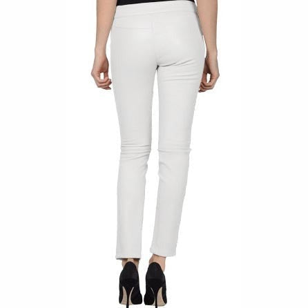 Women's White Genuine Leather Pant with High Waist Slim Fit