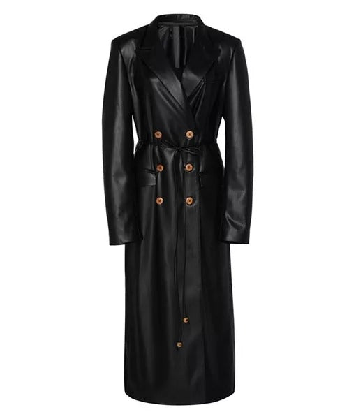 Women's long black genuine leather trench coat with belted waist, top pick in our women's leather trench coat guide