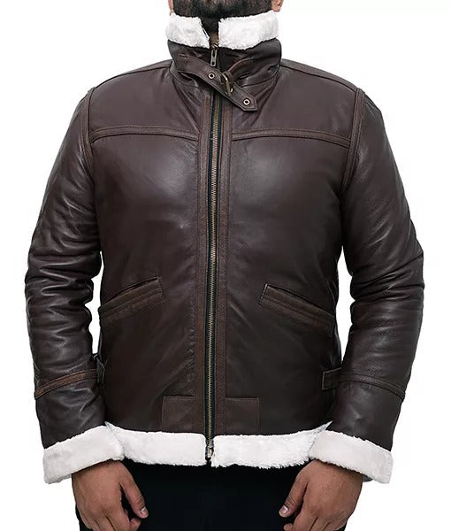 Men's classic brown shearling leather aviator jacket for an aviator vs bomber jacket comparison