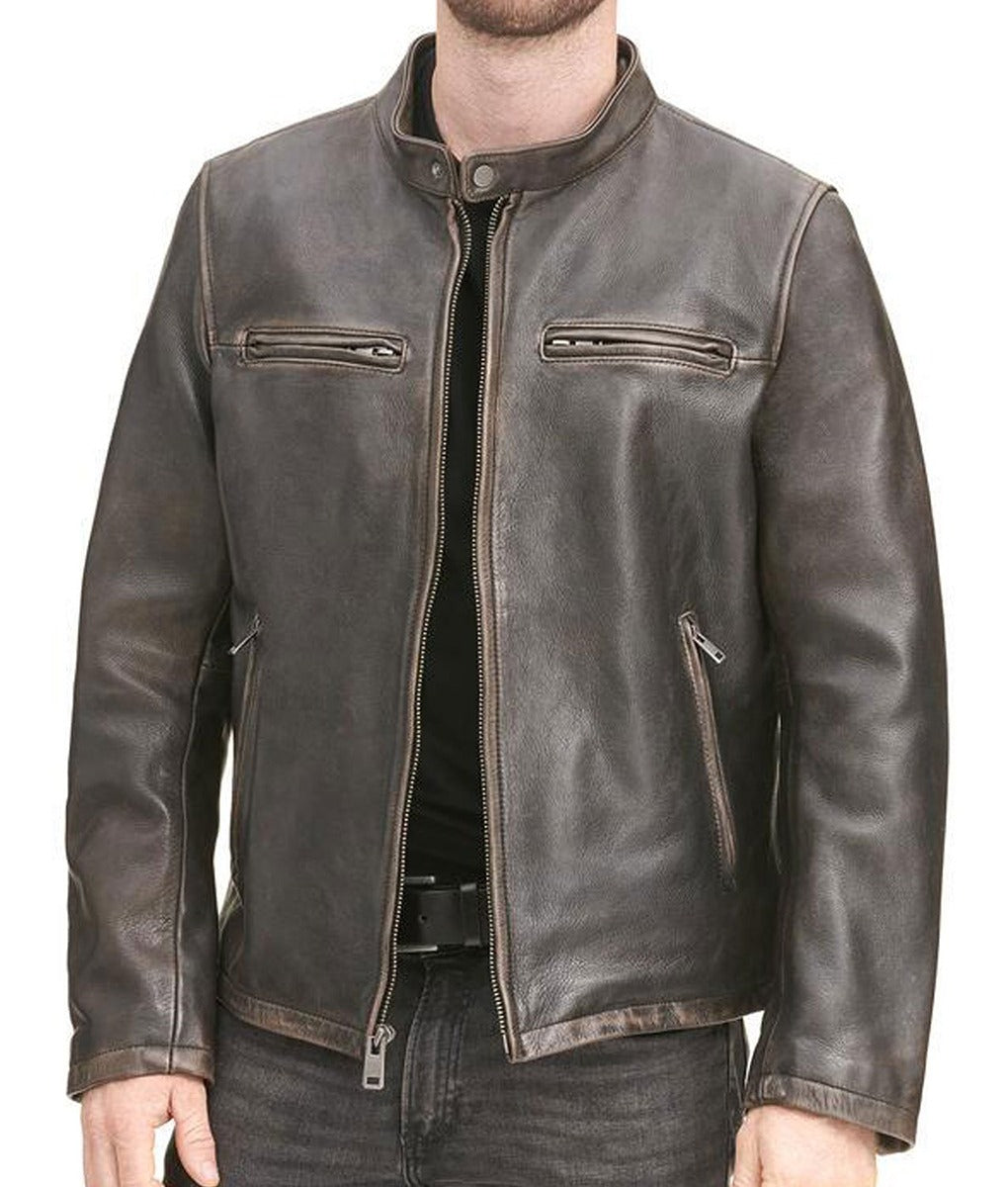Men's Wayne Brown hooded leather jacket in real brown leather with attached hood and zip-up front