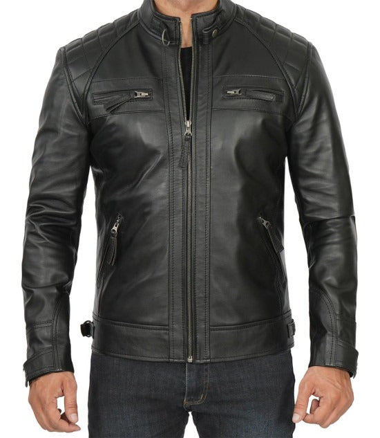 Black premium leather café racer biker jacket, one of the best men's leather jackets under $200