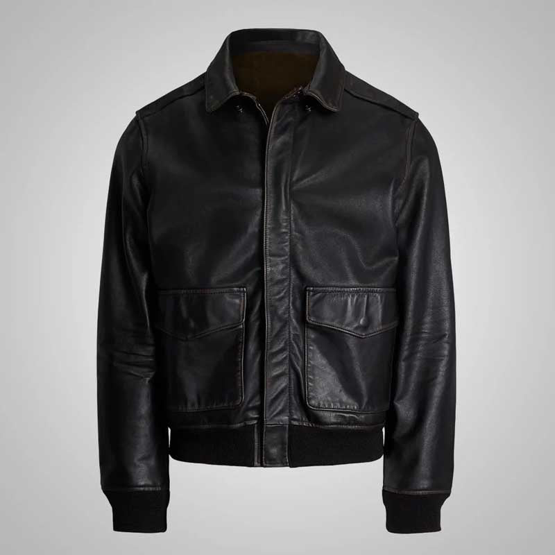 Men's black leather jacket: Black A2 goatskin leather bomber jacket with ribbed cuffs and zip front