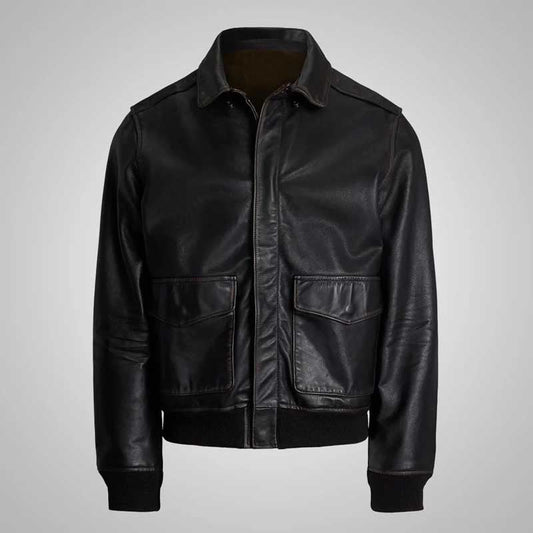 Men's black leather jacket: Black A2 goatskin leather bomber jacket with ribbed cuffs and zip front