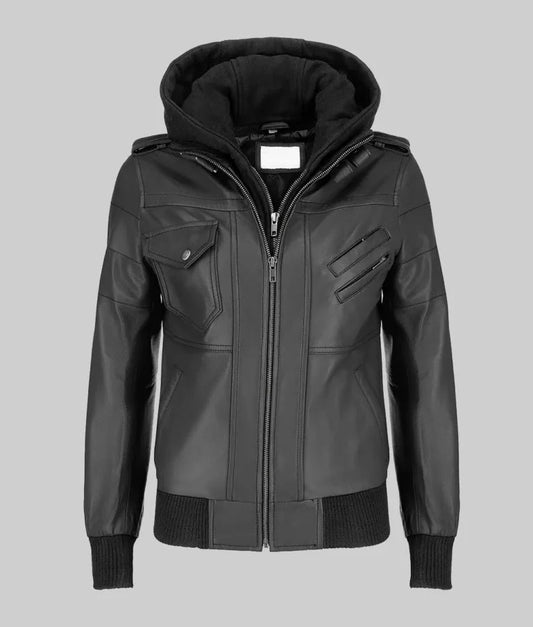Women's black leather jacket: black leather bomber jacket with removable hoodie and ribbed cuffs