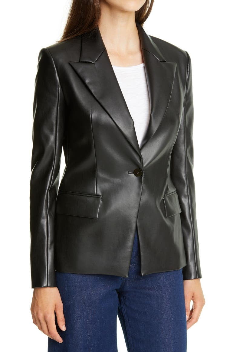 Women's leather blazer for work in classic black genuine leather with structured lapels