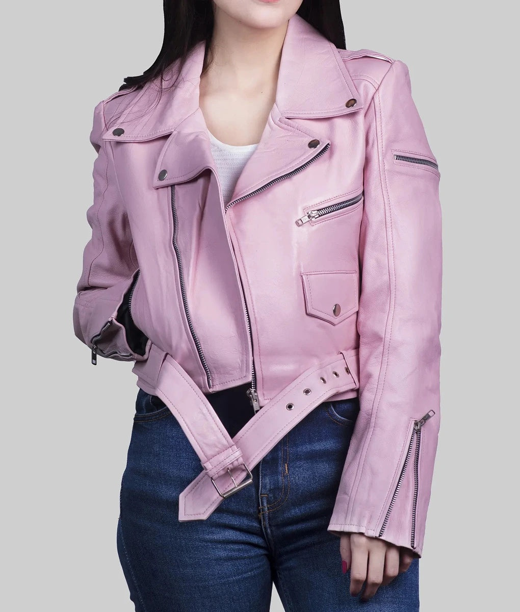 Women's Pink Genuine Leather Biker Jacket - Women's Pink Leather Jackets at Glory Store US