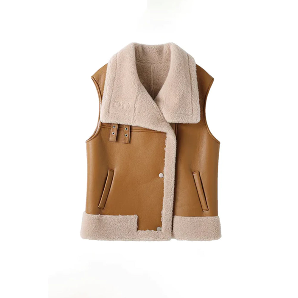 Faux-leather Merino Wool Shearling Vest With Oversized Collar