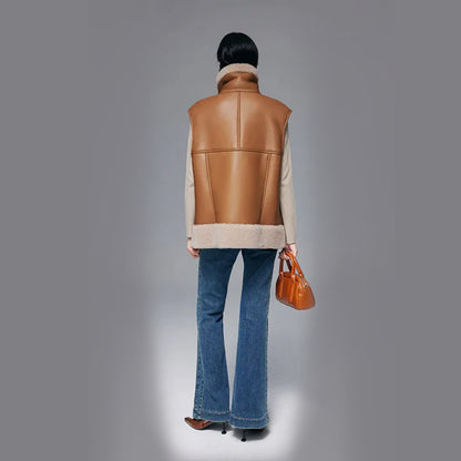 Faux-leather Merino Wool Shearling Vest With Oversized Collar