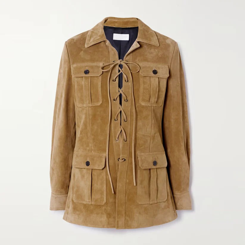 Women Western Lace-up camel Brown Leather Suede Jacket