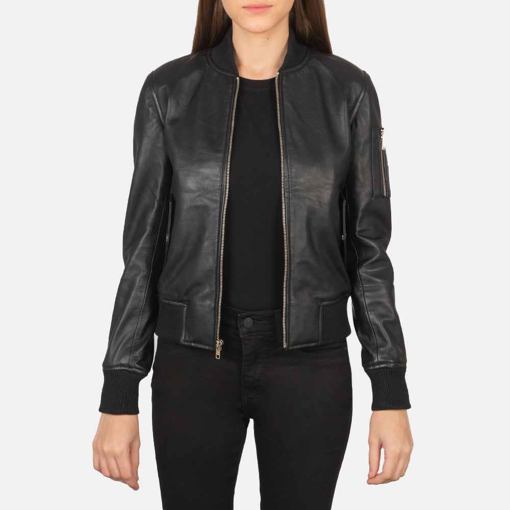 Ava MA-1 Black Leather Bomber Jacket - Women's Classic Outerwear