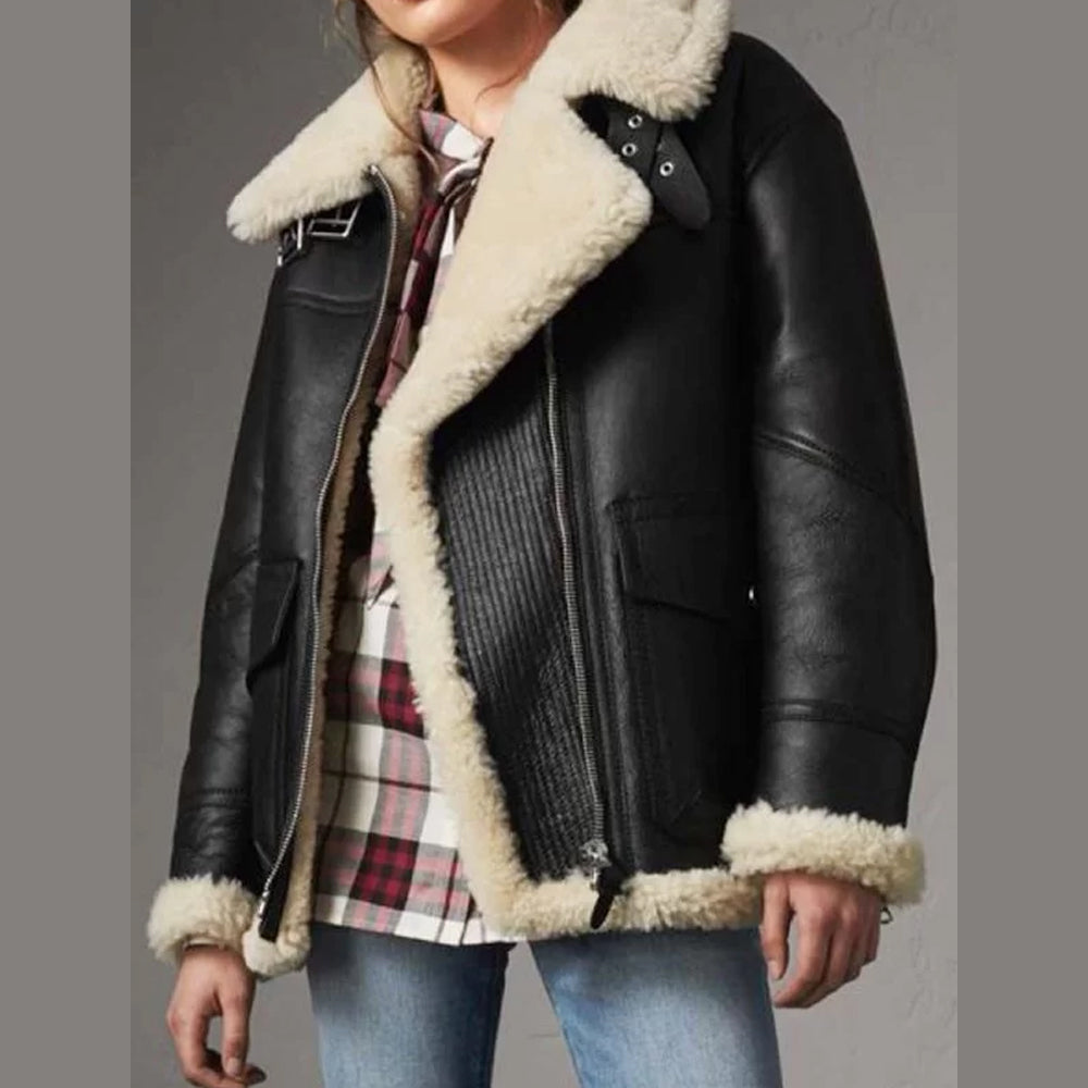 Women’s Aviator Shearling Black Leather Jacket