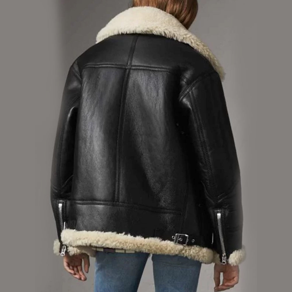 Women’s Aviator Shearling Black Leather Jacket