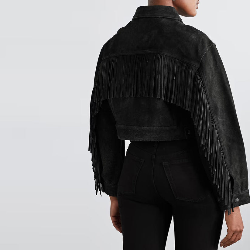 Black Cropped Fringed Womens Suede Leather Jacket