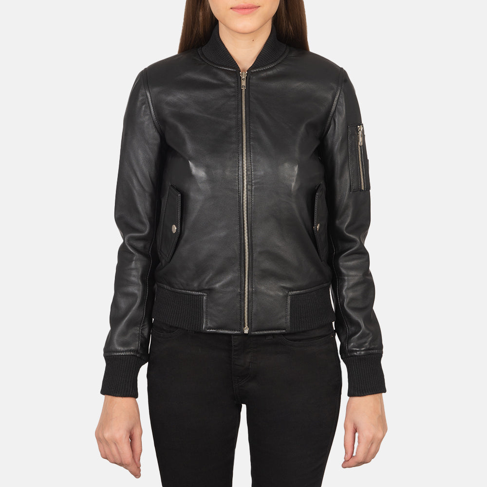 Ava MA-1 Black Leather Bomber Jacket - Women's Classic Outerwear