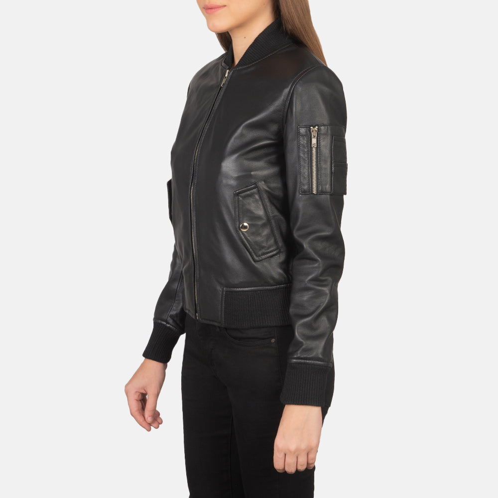 Ava MA-1 Black Leather Bomber Jacket - Women's Classic Outerwear