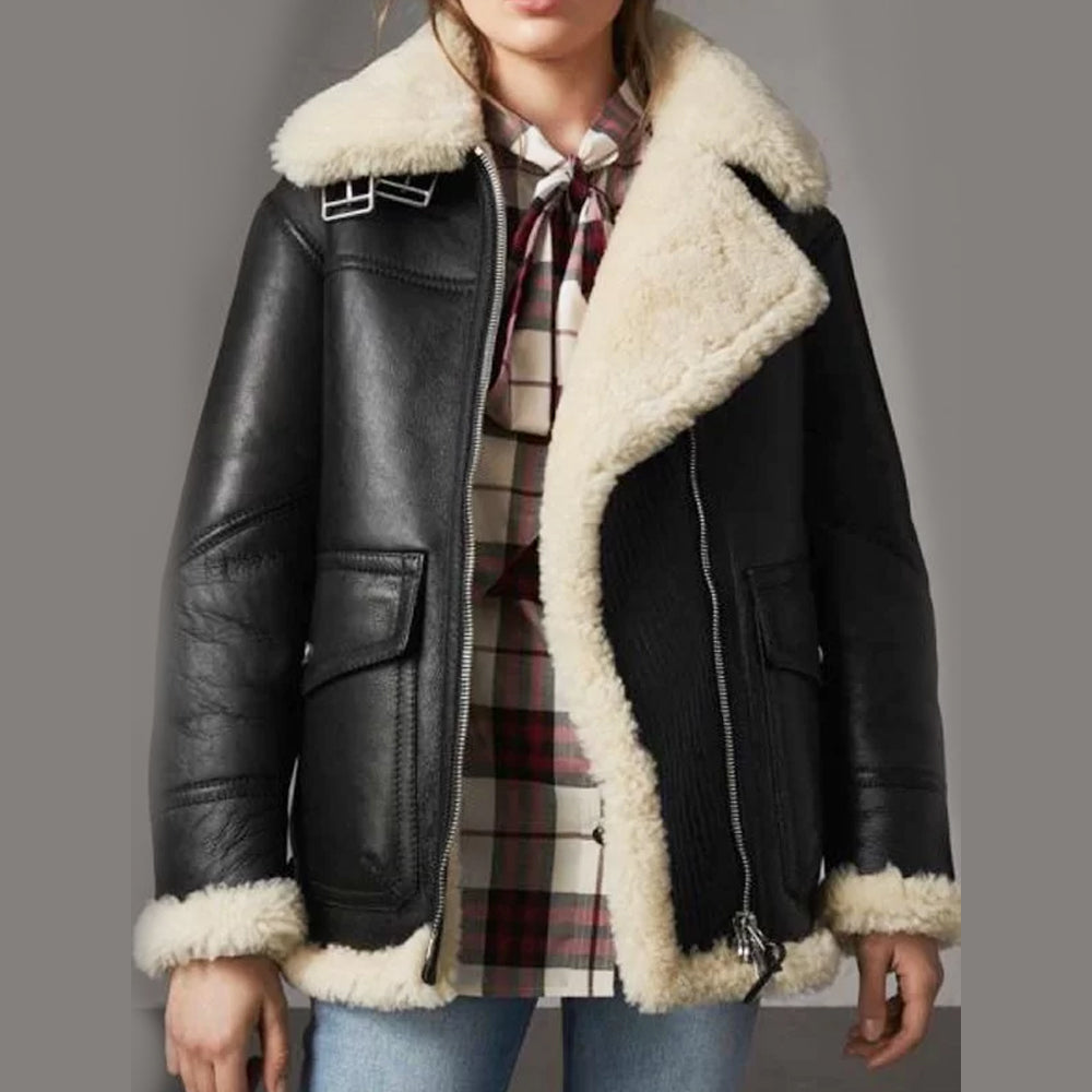 Women’s Aviator Shearling Black Leather Jacket