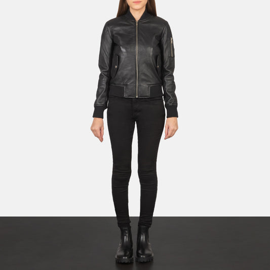 Ava MA-1 Black Leather Bomber Jacket - Women's Classic Outerwear