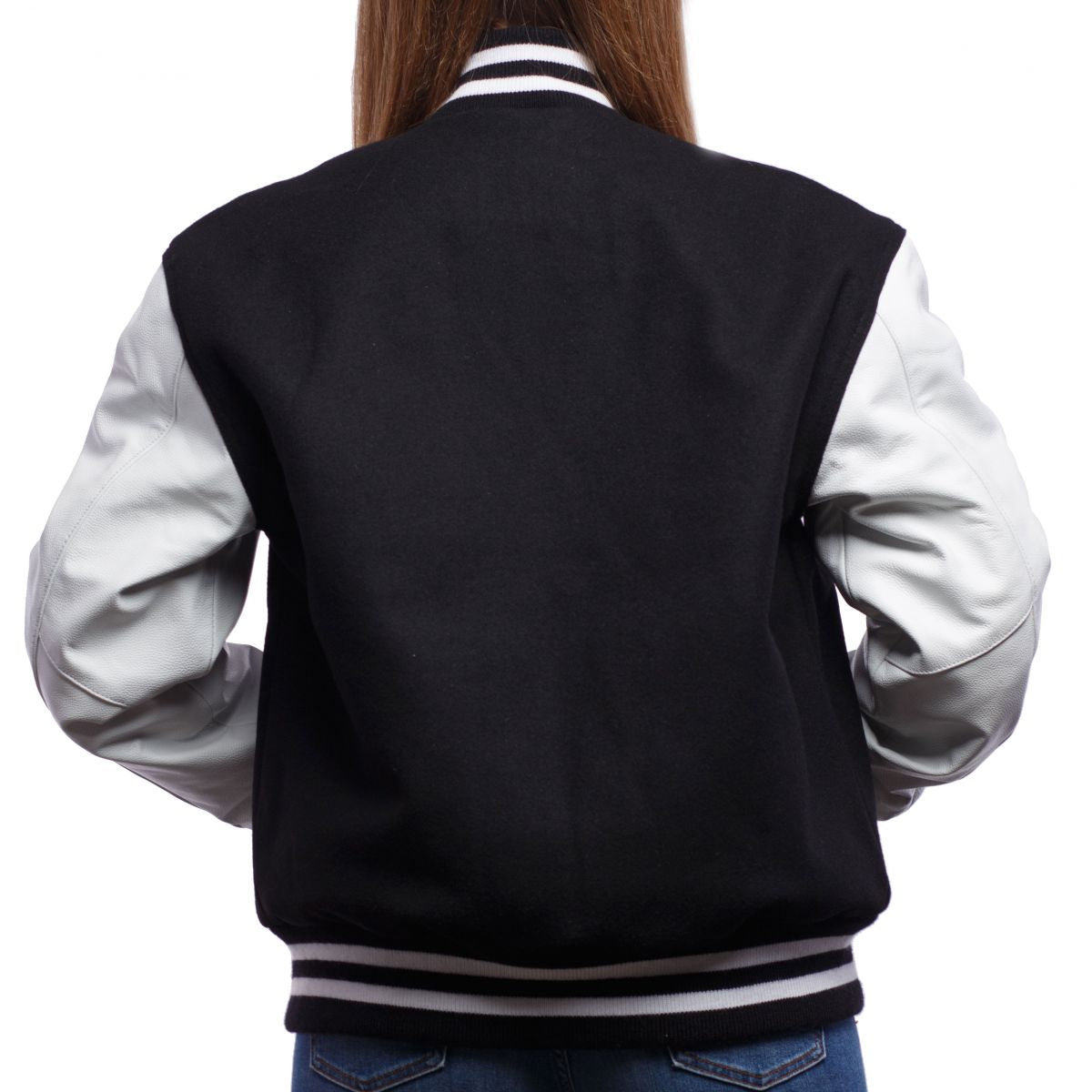 Black Wool Body & Bright White Leather Sleeves Letterman Jacket