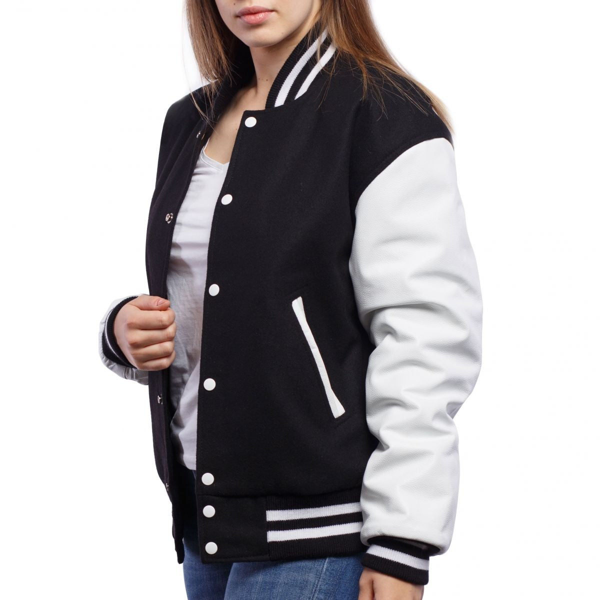 Black Wool Body & Bright White Leather Sleeves Letterman Jacket