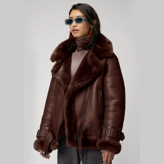 New Sheepskin Shearling Aviator Brown Fashion Leather Jacket For Women