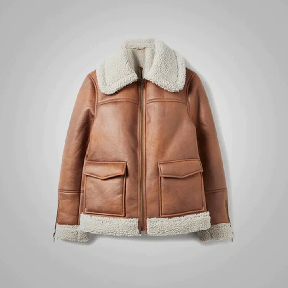 Women Brown Lambskin  Aviator Leather Bomber Jacket