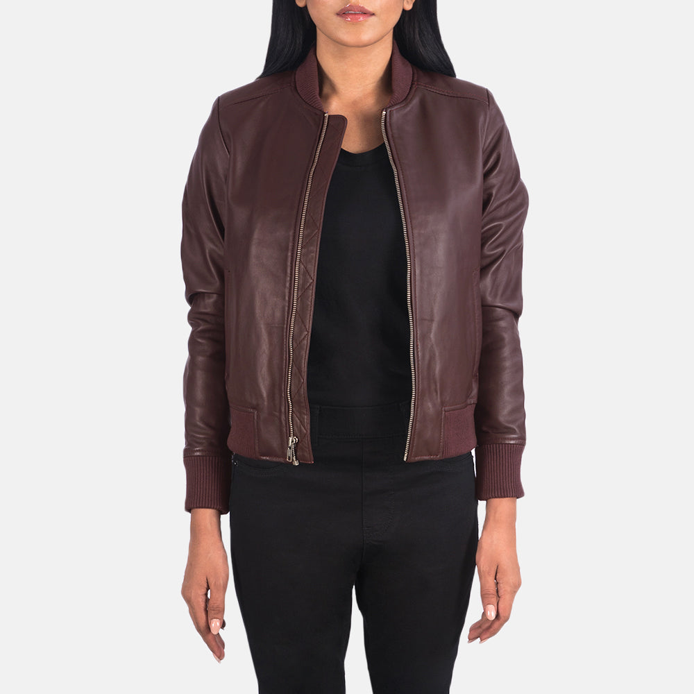 Bliss Maroon Leather Bomber Jacket