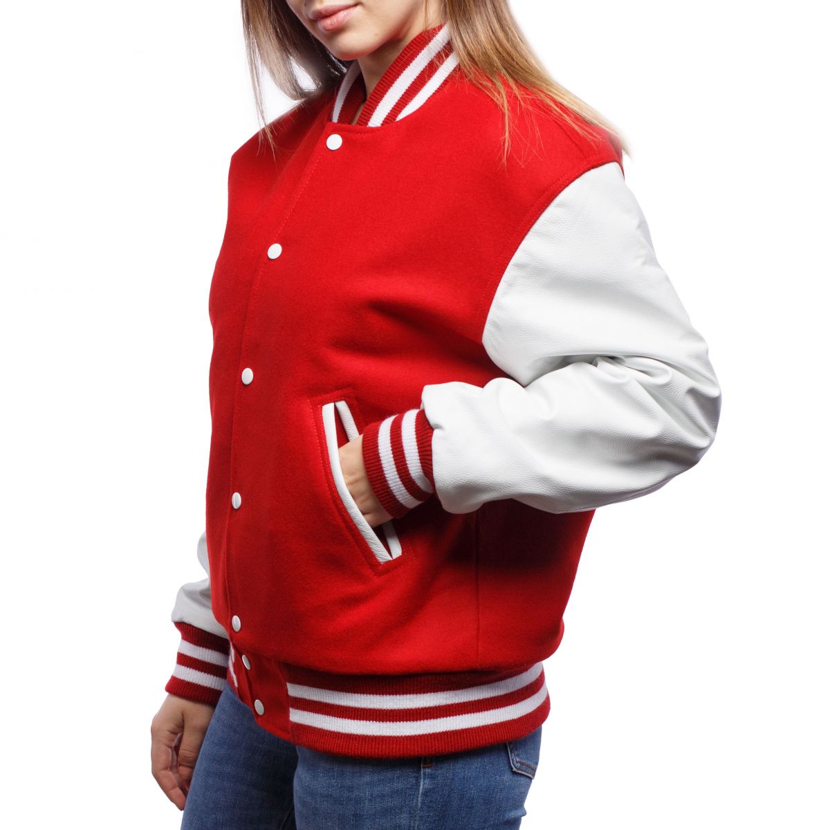 Scarlet Wool Body & Bright White Leather Sleeves Varsity Jacket